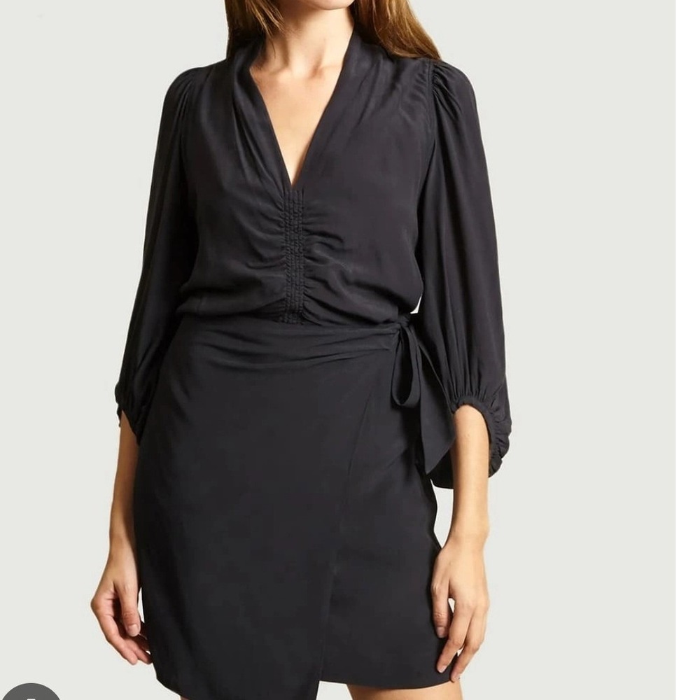Soeur Black Ruched V Neck Wrap Style Midi Dress Size 36